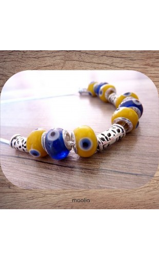 Maolia - Collier perles argent et de verre jaunes et bleues
