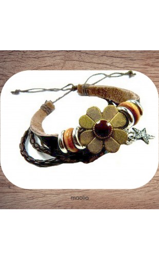 Maolia - Bracelet cuir tresse et grosse fleur bronze