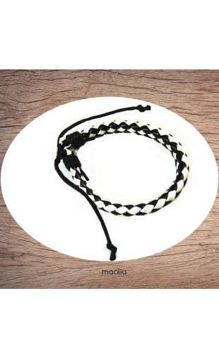 Maolia - Bracelet cuir tressé noir et blanc