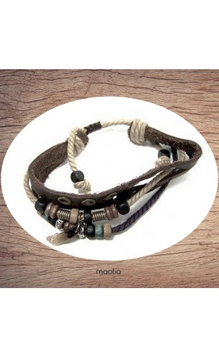 Maolia - Bracelet en cuir et cordon avec dent deux couleurs