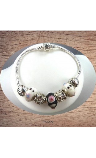 Maolia - Bracelet Pandamaolia chaîne argent perles roses pailletées
