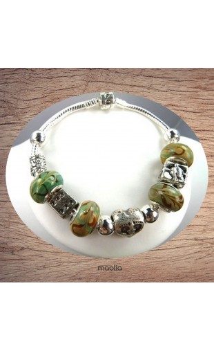 Maolia - Bracelet Pandamaolia argent avec perles ton vert brun