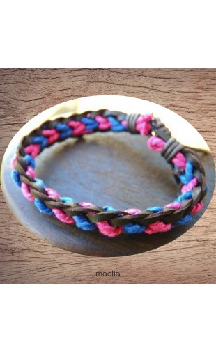 Maolia - Bracelet cuir et coton rose et bleu