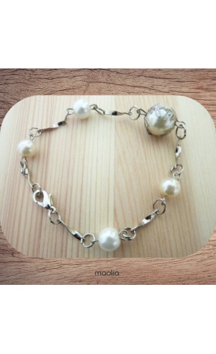 Maolia - Bracelet perles blanches et métal argenté.