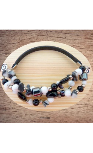 Maolia - Bracelet cuir noir et perles noires blanches