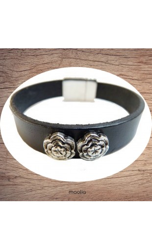Maolia - Bracelet cuir noir et fleurs argent