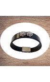 Maolia - Bracelet cuir noir et fleurs argent