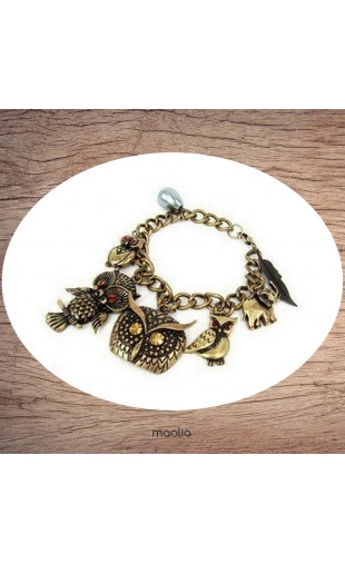 Maolia - Bracelet chouettes et éléphant bronze