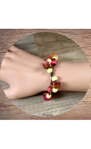 Bracelet perles de bois rose et ocre