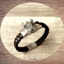 Maolia - Bracelet homme cuir tresse noire tête de viking
