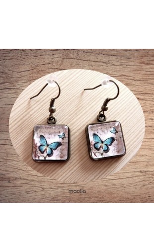 Maolia - Boucles d'oreilles cabochon carrée papillon bleu
