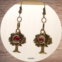 Boucles d'oreilles arbre et perle en strass rouge