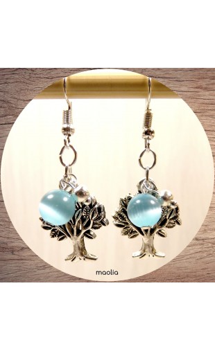 Boucles d'oreilles arbre et perle bleue