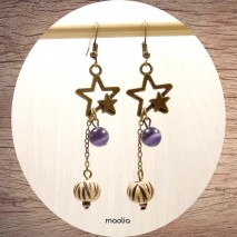 Boucles d'oreilles étoile bronze et perles sur chaîne