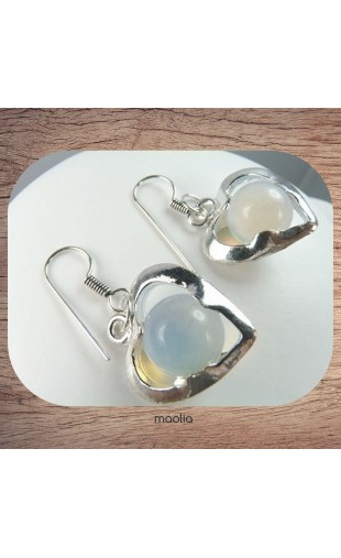 Boucles d'oreilles cœur argent avec perle en opale 