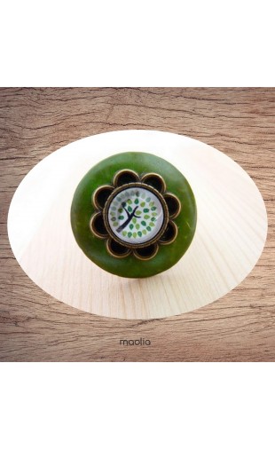 Bague bouton coco vert cabochon forme fleur