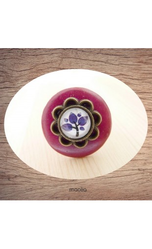 Bague bouton coco rouge violet cabochon fleur