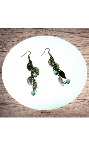 Maolia - Boucles d'oreilles feuilles et perles turquoise