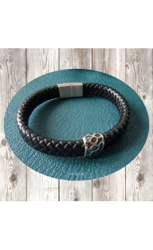 Maolia - Bracelet homme gros cordon cuir tressé noir