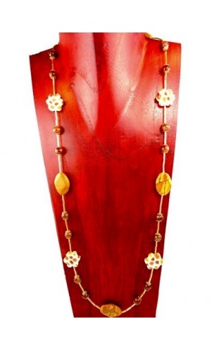 Collier long jaspe rhodonite et fleurs mosaique